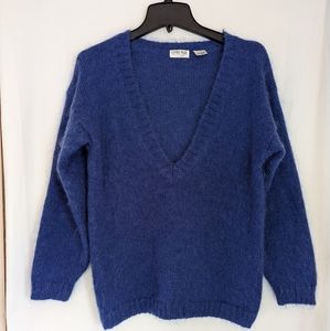 Femme Moda Sweater Pullover Womens sz M Petite Blue V-Neck 3/4 Mohair Blend